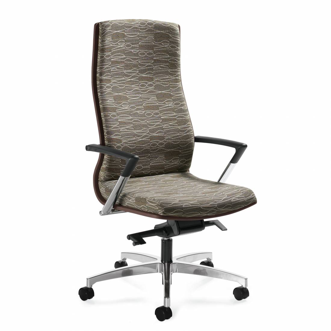 Global Furniture Group, Priority's slim, sleek profile incorporates a compression-molded wood back that follows and supports